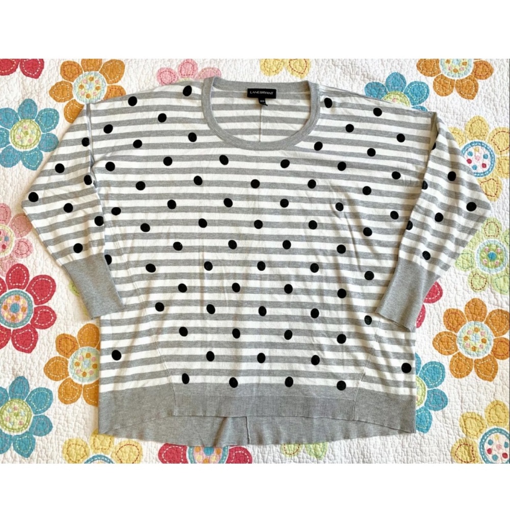 LANE BRYANT Gray White Striped Polka Dot Sweater